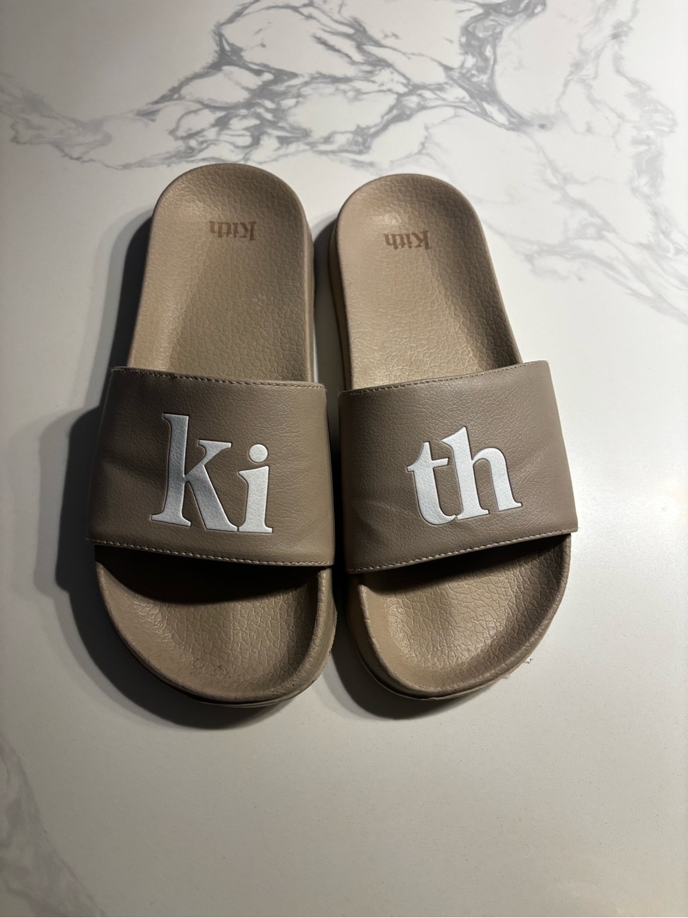Kith Women’s Taupe Logo Slide Sandals with White Lettering